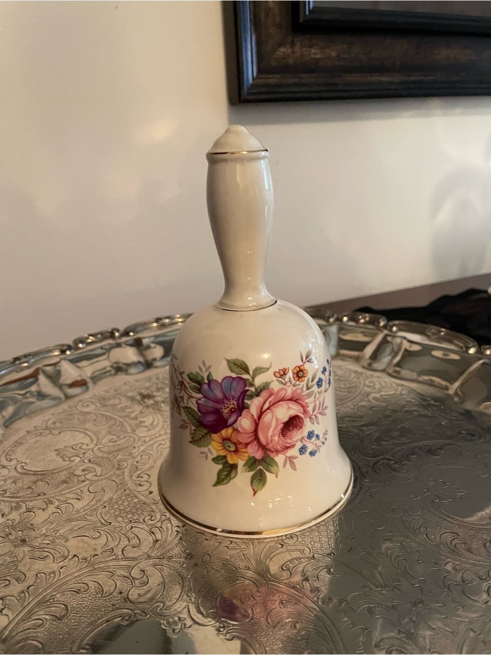 Vintage Floral Porcelain Hand Bell with Gold Trim